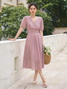 DAZY 泡泡袖抽褶腰連衣裙 - 粉色 - 查看 13