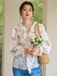 DAZY Floral Print Ruffle Trim Flare Sleeve Blouse - Beige - View 13