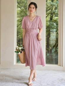 DAZY 泡泡袖抽褶腰連衣裙 - 粉色 - 查看 14