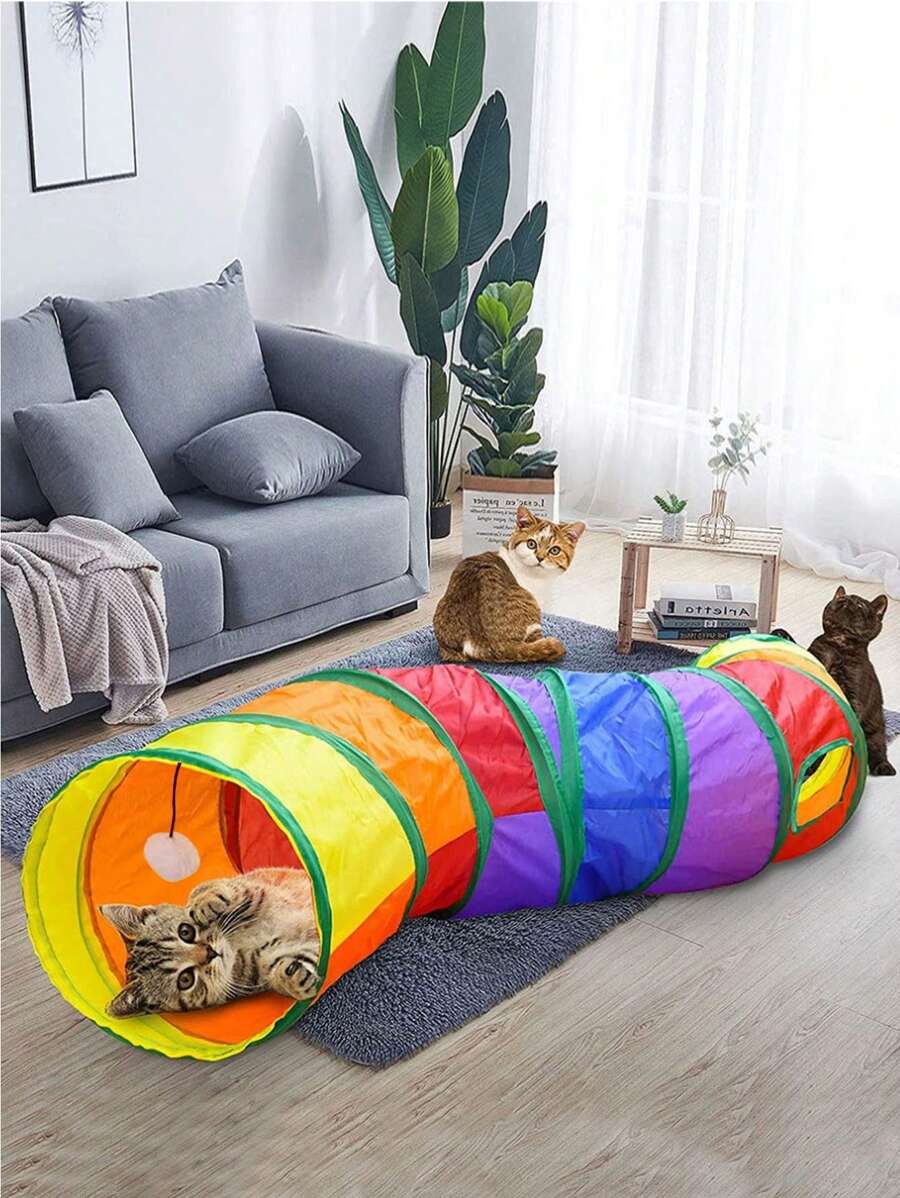 2pcs Ball Decor Colorblock Foldable Cat Tunnel & Cat Teaser Toy For Cat For Play - Multicolor - View 1
