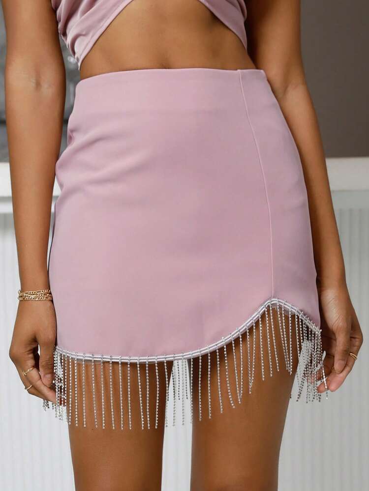 SHEIN High Waist Rhinestone Fringe Trim Skirt - Pink - View 3