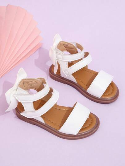 女孩蝴蝶結裝飾魔術貼可愛踝帶平底涼鞋適合夏天