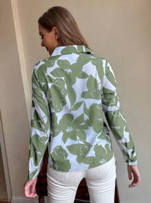 SHEIN LUNE 休閒前紐扣花卉印花 全身印花女士襯衫 - 綠色 - 查看 2