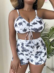 Swim Lushoire Conjunto de bikini con estampado tie dye y cordón, talla grande para playa veraniega - Multicolor - Ver 4