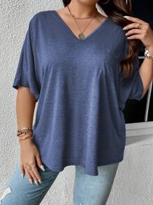 SHEIN LUNE 大碼素色蝙蝠袖口袋貼布T恤