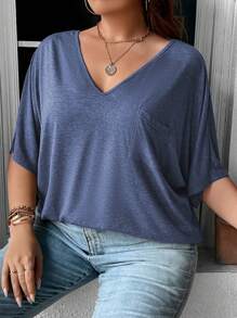 SHEIN LUNE 大碼素色蝙蝠袖口袋貼布T恤