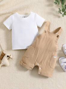 男嬰素色T恤和雙口袋背帶連體短褲 - 彩色 - 查看 1