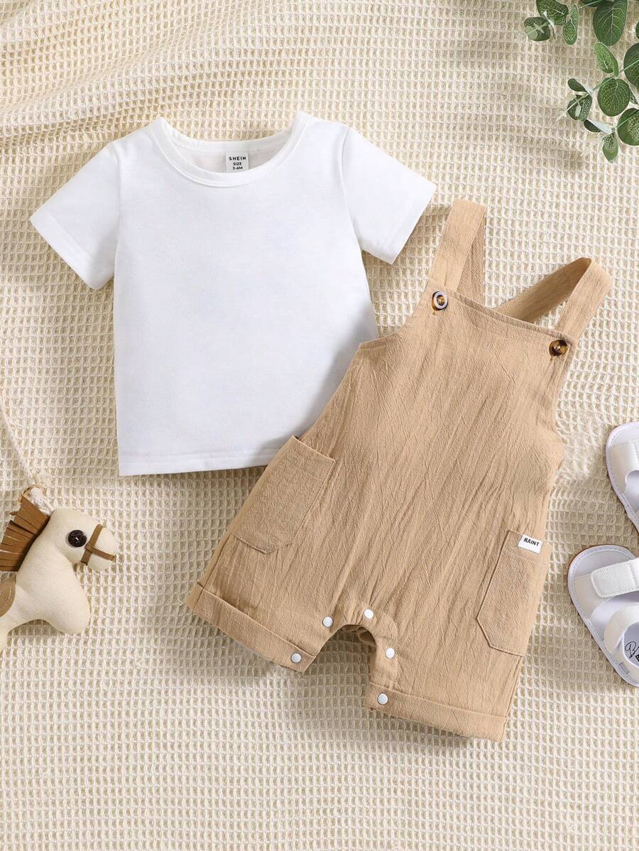 男嬰素色T恤和雙口袋背帶連體短褲 - 彩色 - 查看 1