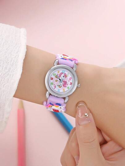 1pc Kids Unicorn Decor Silicone Strap Fashionable Round Dial Quartz Watch For Daily Decoration