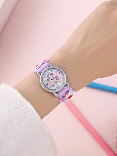 1pc Kids Unicorn Decor Silicone Strap Fashionable Round Dial Quartz Watch For Daily Decoration