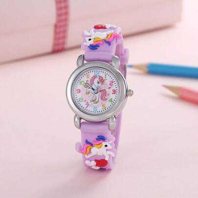 1pc Kids Unicorn Decor Silicone Strap Fashionable Round Dial Quartz Watch For Daily Decoration