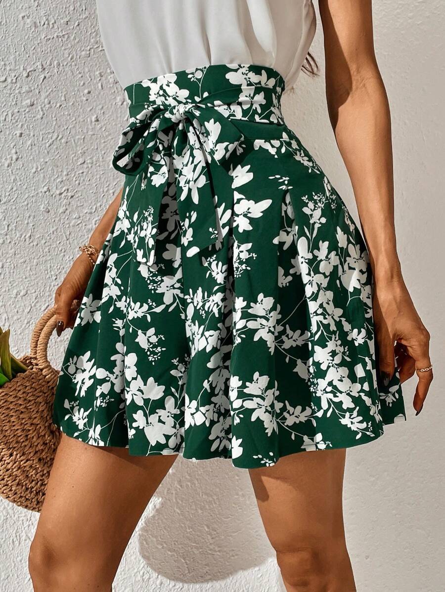 SHEIN Frenchy 女士休闲印花高腰短裤，夏季 - 綠色 - 查看 1