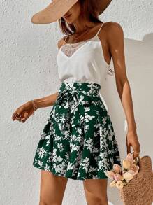 SHEIN Frenchy 女士休闲印花高腰短裤，夏季 - 綠色 - 查看 8