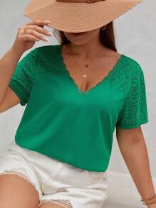 SHEIN Frenchy 大碼蕾絲拼接後紐扣襯衫 - 綠色 - 查看 4