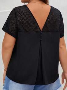 SHEIN Frenchy Plus Contrast Lace V Neck Blouse - Black - View 1