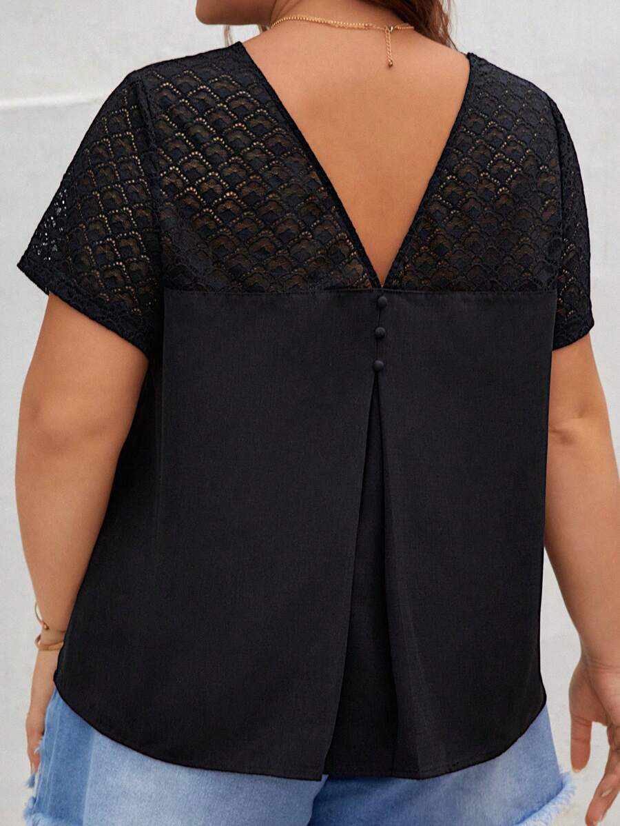 SHEIN Frenchy Plus Contrast Lace V Neck Blouse - Black - View 1