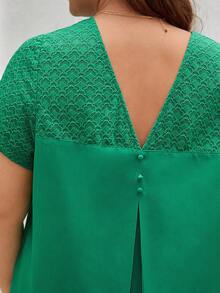 SHEIN Frenchy 大碼蕾絲拼接後紐扣襯衫 - 綠色 - 查看 6