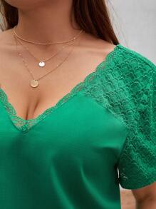 SHEIN Frenchy 大碼蕾絲拼接後紐扣襯衫 - 綠色 - 查看 7