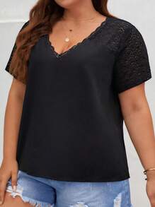 SHEIN Frenchy Plus Contrast Lace V Neck Blouse - Black - View 3