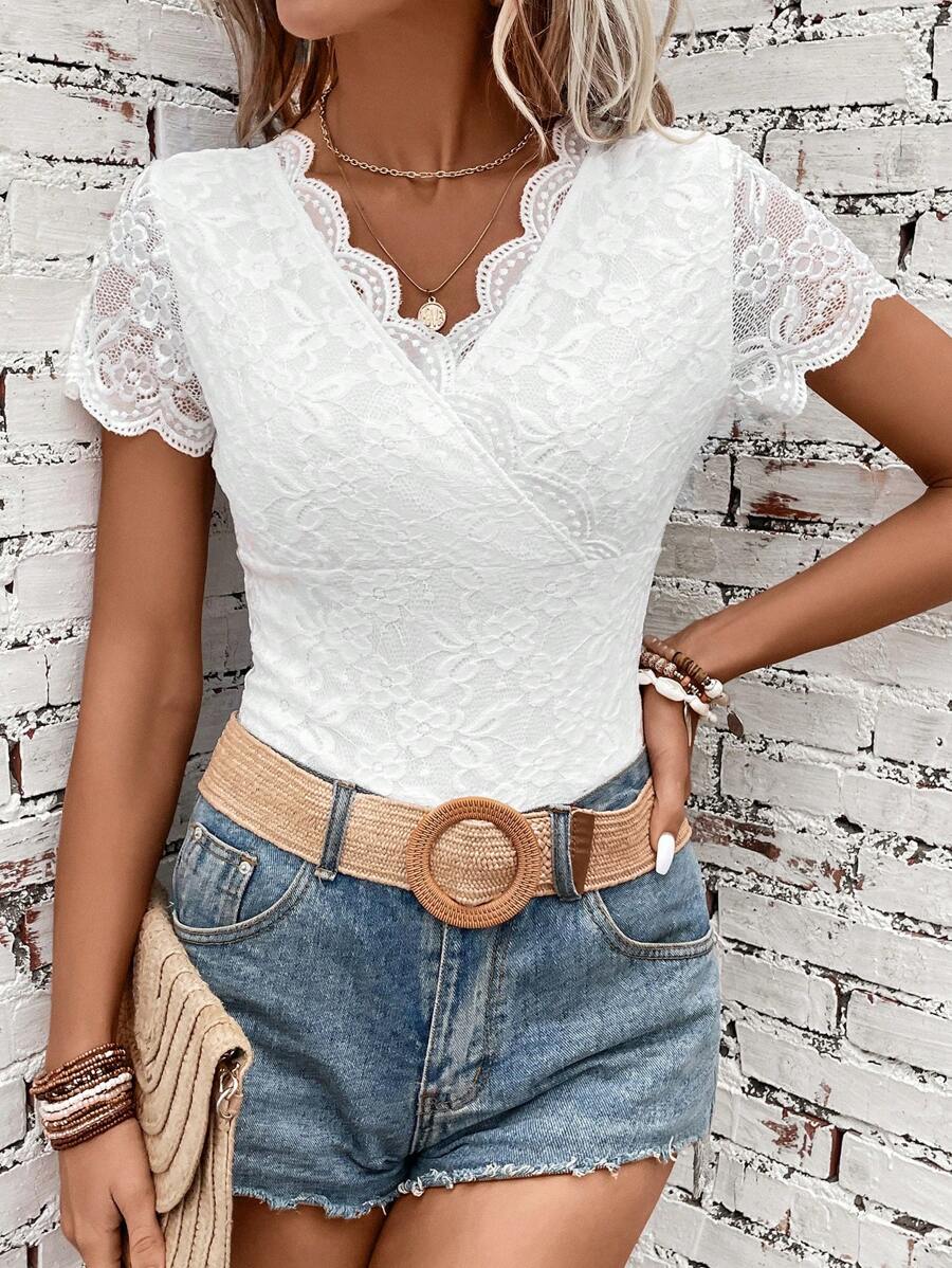 SHEIN Clasi Solid Color Hollow Out Embroidery Wrapped Short Sleeve Bodysuit - White - View 1