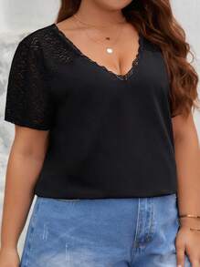 SHEIN Frenchy Plus Contrast Lace V Neck Blouse - Black - View 7