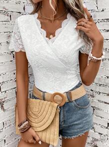 SHEIN Clasi Solid Color Hollow Out Embroidery Wrapped Short Sleeve Bodysuit - White - View 5