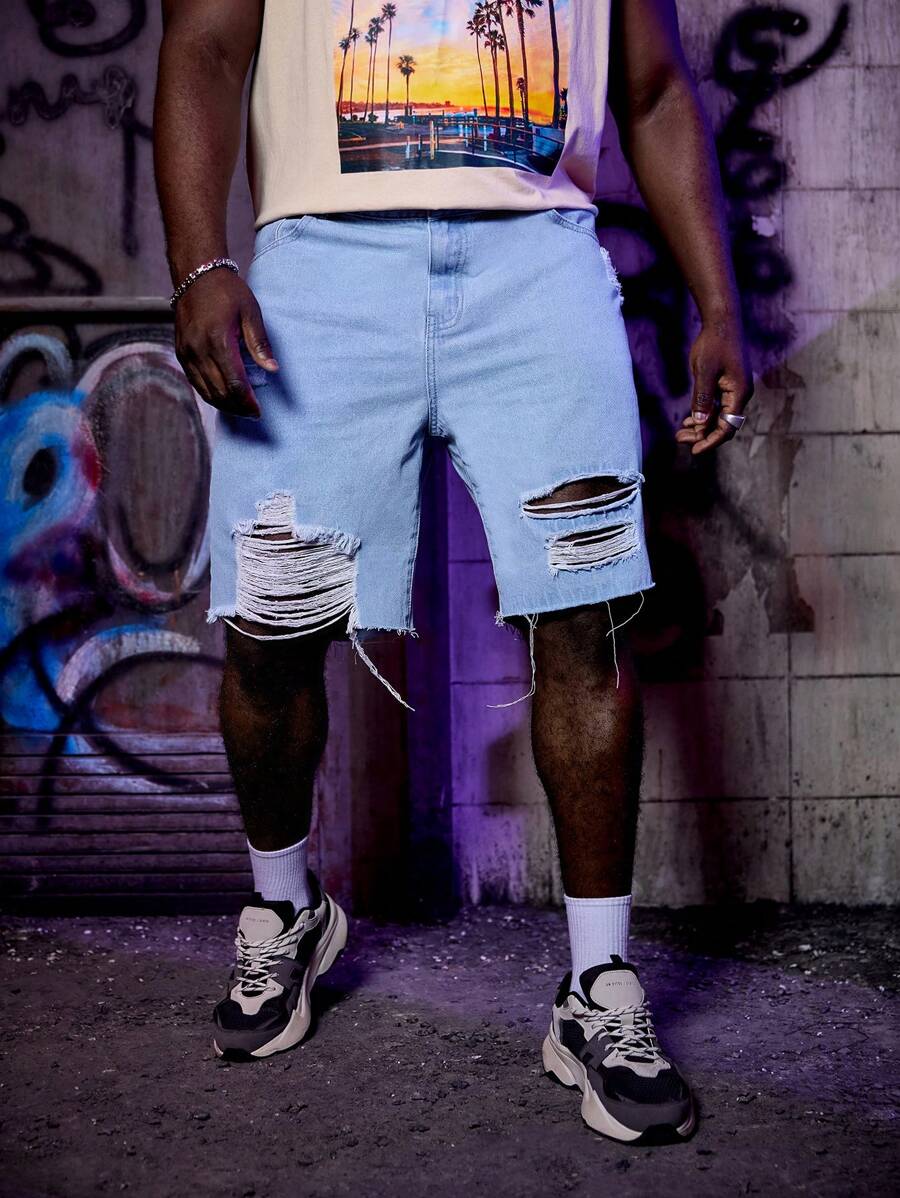 Manfinity RebelGame Hombres Shorts en mezclilla algodón desgarro crudo bajo crudo - Lavado ligero - Ver 1