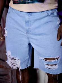 Manfinity RebelGame Hombres Shorts en mezclilla algodón desgarro crudo bajo crudo - Lavado ligero - Ver 5