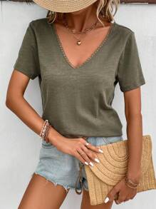 SHEIN Frenchy Màu thuần Giải trí Cổ chữ V Áo thun - màu xanh lá - Xem 4