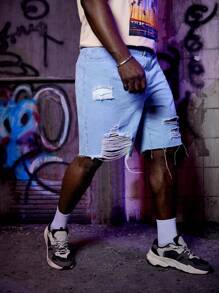 Manfinity RebelGame Hombres Shorts en mezclilla algodón desgarro crudo bajo crudo - Lavado ligero - Ver 6