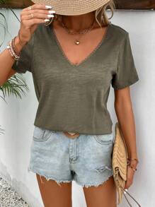 SHEIN Frenchy Màu thuần Giải trí Cổ chữ V Áo thun - màu xanh lá - Xem 6