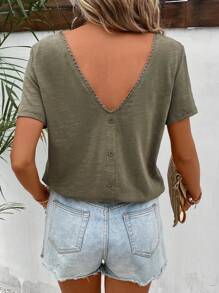 SHEIN Frenchy Áo thun nữ Nút Tương phản ren màu trơn Giải trí - xanh quân đội - Xem 7