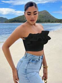 SHEIN SXY 荷葉邊短款抹胸上衣 - 黑色 - 查看 3