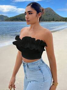 SHEIN SXY 荷葉邊短款抹胸上衣 - 黑色 - 查看 4