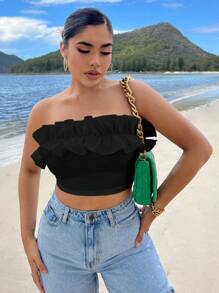 SHEIN SXY 荷葉邊短款抹胸上衣 - 黑色 - 查看 5