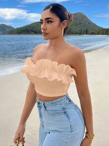 SHEIN SXY 荷葉邊短款抹胸上衣 - 杏色 - 查看 4