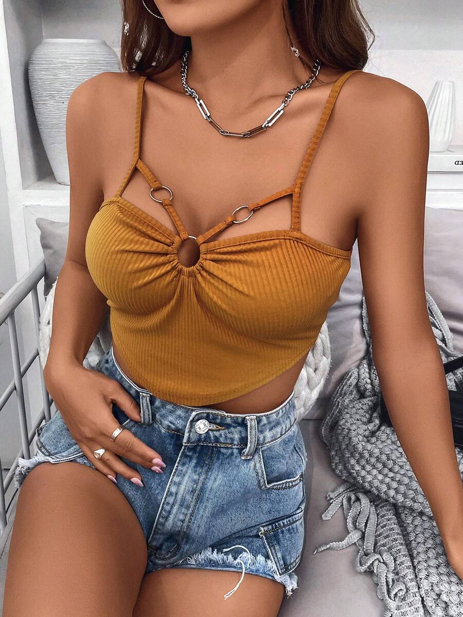 SHEIN Privé Áo khoác và áo lót dành cho xe tăng nữ Bất đối xứng Nhẫn Gân đan màu trơn Gợi cảm - Màu Mù tạt vàng - Xem 1