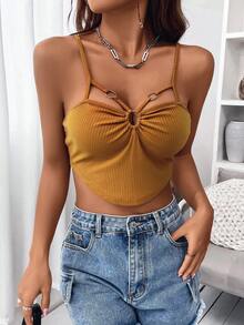 SHEIN Privé Áo khoác và áo lót dành cho xe tăng nữ Bất đối xứng Nhẫn Gân đan màu trơn Gợi cảm - Màu Mù tạt vàng - Xem 5