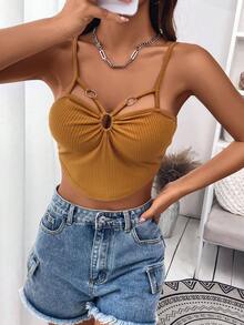 SHEIN Privé Áo khoác và áo lót dành cho xe tăng nữ Bất đối xứng Nhẫn Gân đan màu trơn Gợi cảm - Màu Mù tạt vàng - Xem 6