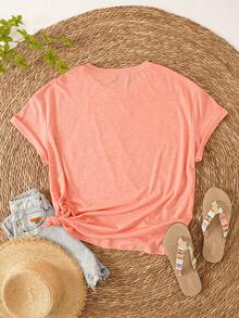 SHEIN LUNE Camiseta con estampado de arcoíris y slogan - Rosa coral - Ver 2