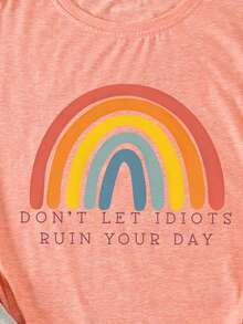 SHEIN LUNE Camiseta con estampado de arcoíris y slogan - Rosa coral - Ver 5