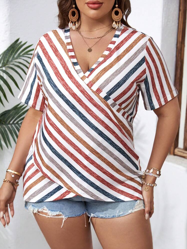 SHEIN Holidaya Plus Striped Print Wrap Cross Tee - Multicolor - View 3