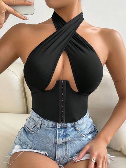 VaVaBold Cut Out Front Corset Waist Halter Top