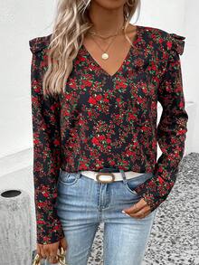 SHEIN Clasi Floral Print Ruffle Trim Blouse - Multicolor - View 3