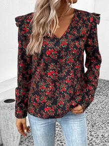 SHEIN Clasi Floral Print Ruffle Trim Blouse - Multicolor - View 4