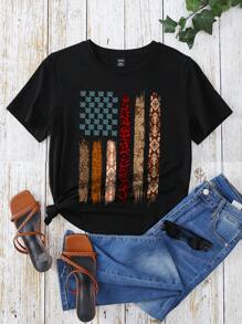 SHEIN LUNE European And American Style Leopard Pattern Printed Round Neck Short Sleeve T-Shirt, Summer - Black - View 1