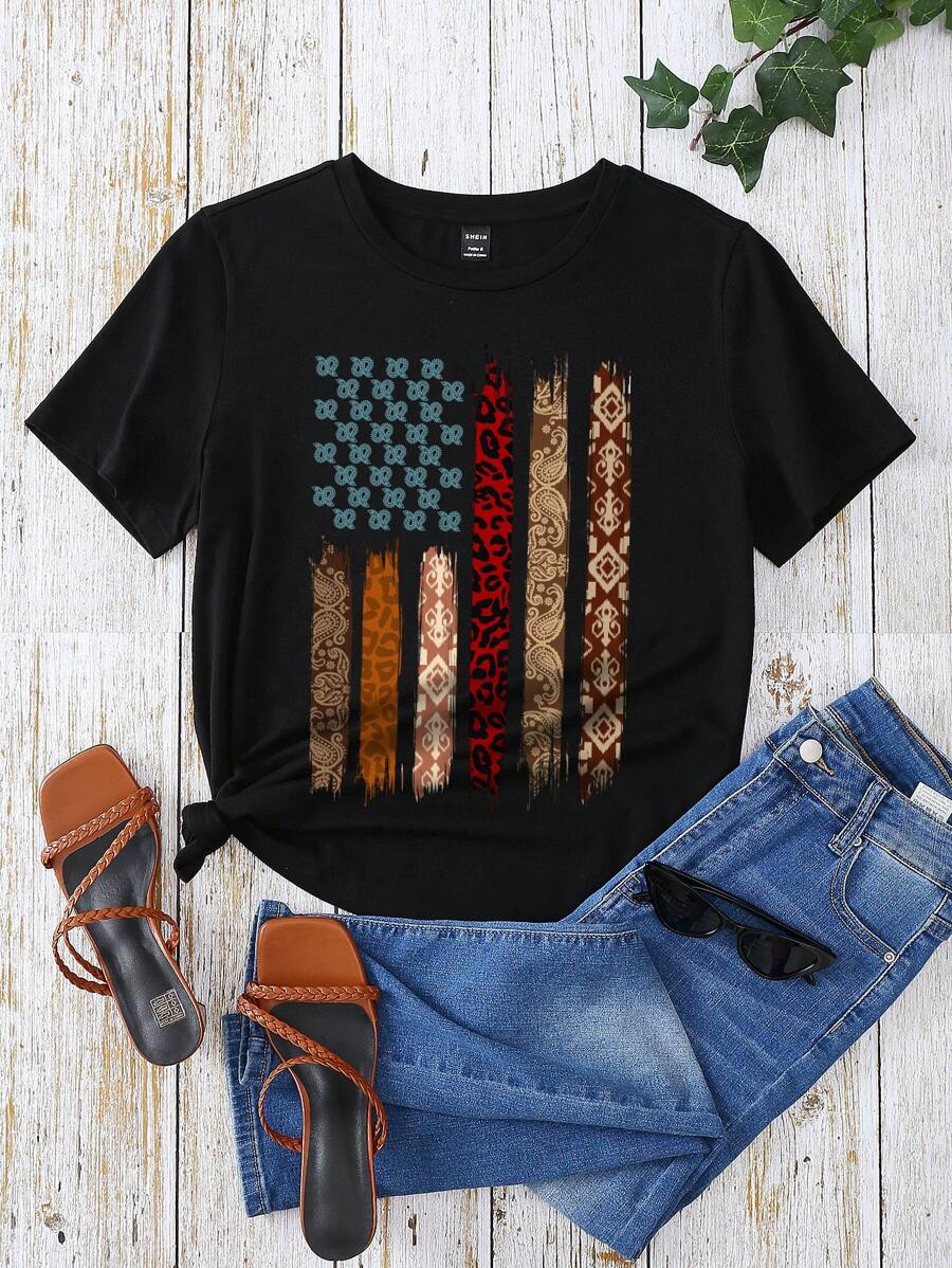 SHEIN LUNE European And American Style Leopard Pattern Printed Round Neck Short Sleeve T-Shirt, Summer - Black - View 1