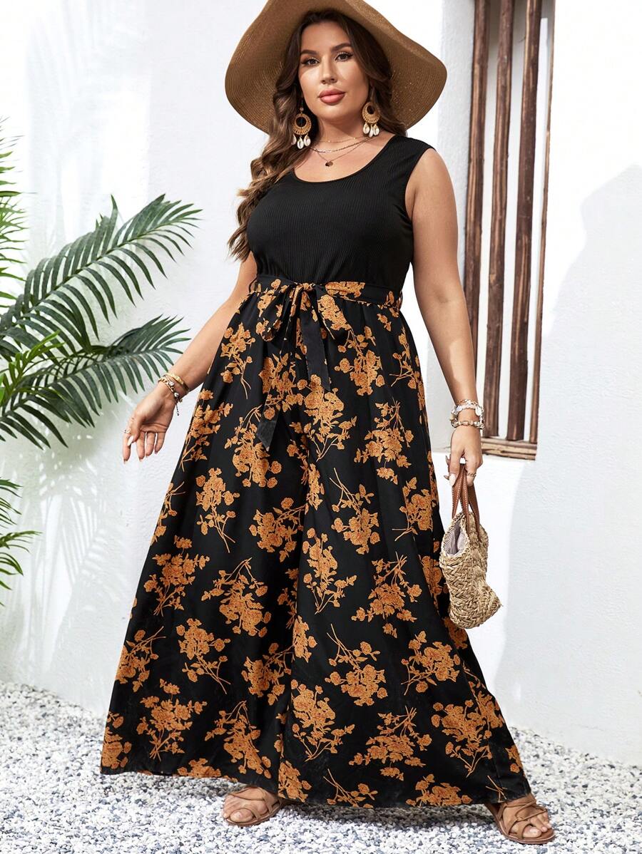 SHEIN Holidaya 大碼印花腰帶連身褲 - 黑色 - 查看 1