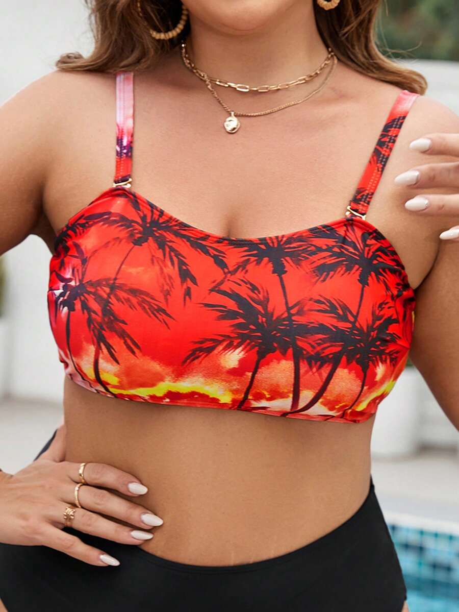 SHEIN Swim Curve 大碼椰子樹圖案比基尼泳裝上衣 - 彩色 - 查看 1
