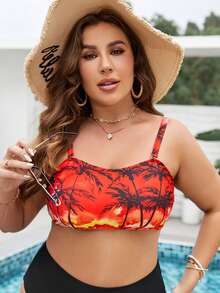 SHEIN Swim Curve 大碼椰子樹圖案比基尼泳裝上衣 - 彩色 - 查看 5